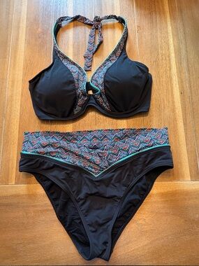 Black Halter Tankini Swim Set with Multicolor Trim